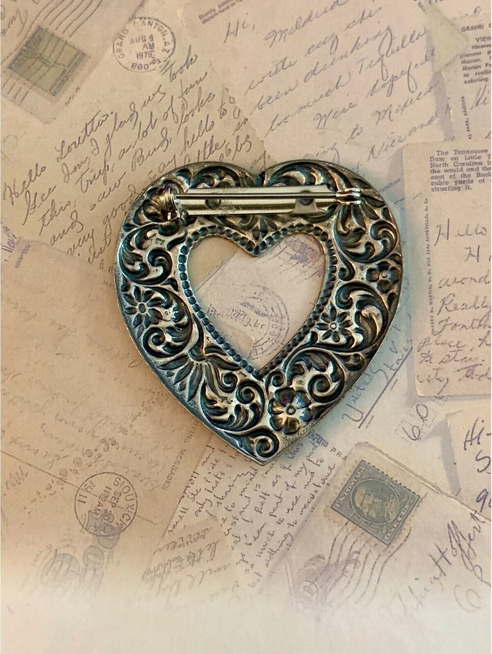Vintage Antiqued Floral Scrollwork Open Heart Brooch